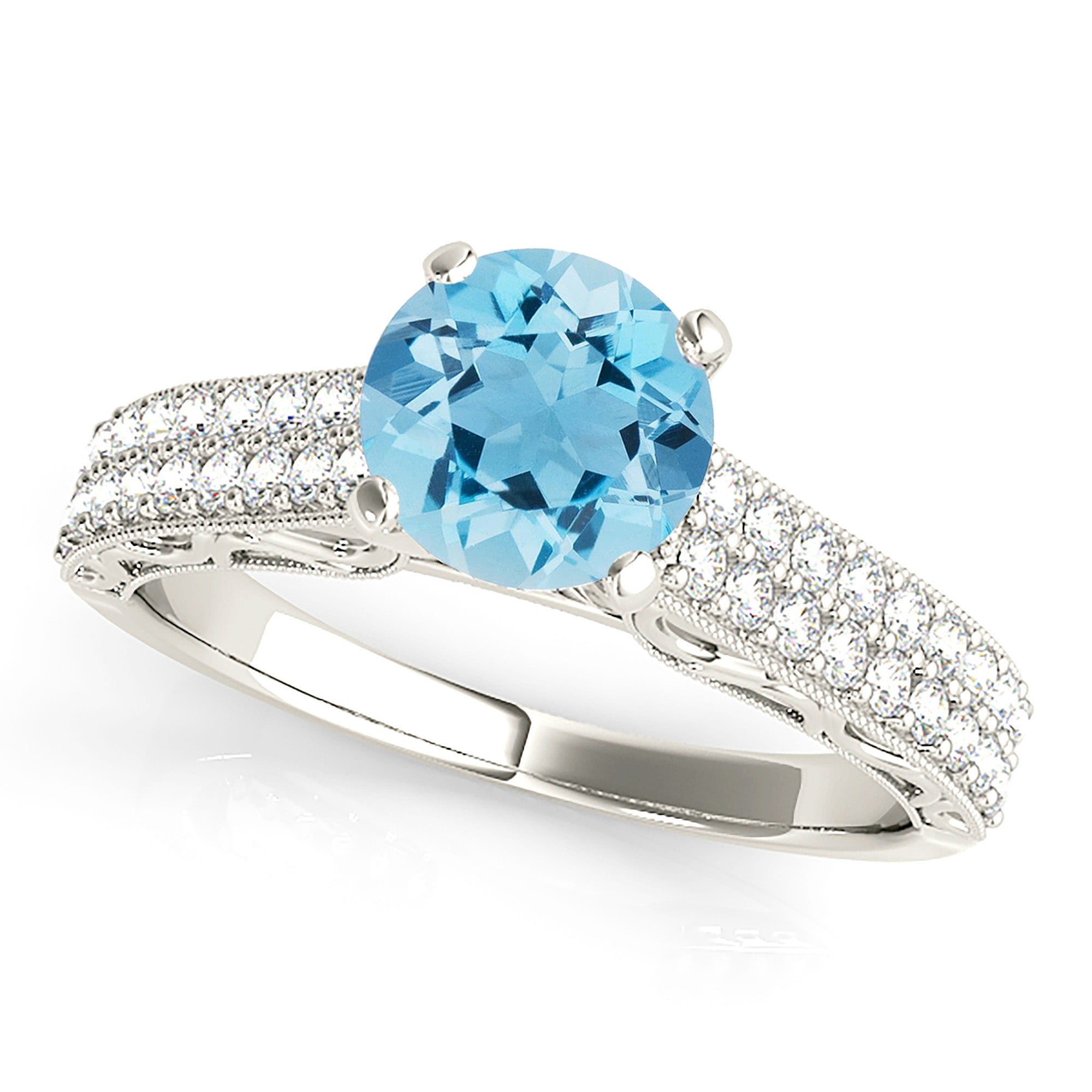 1.10 ct. Genuine Aquamarine Ring with 0.35 ctw. Double Row Diamond Band, Milgrain and Filigree Accents | Round Blue Aquamarine Halo Ring-VIRABYANI